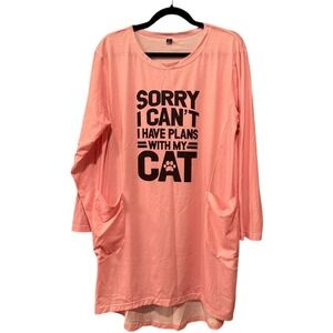 Womens Long Sleeve Tunic Dress Cat Graphic Pink‎ Pockets Casual Plus Size